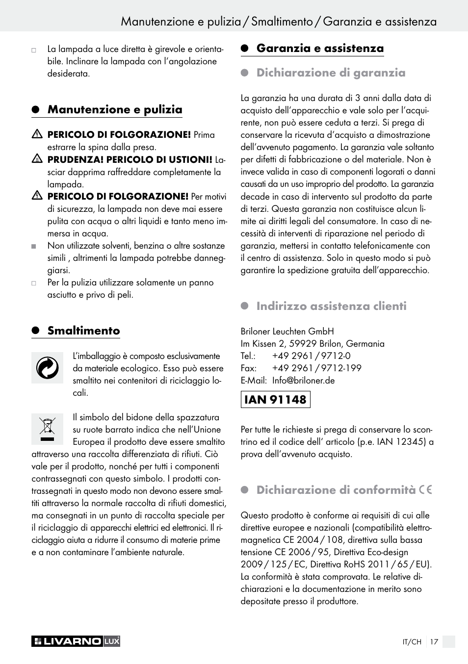 Manutenzione e pulizia, Smaltimento, Garanzia e assistenza dichiarazione di garanzia | Indirizzo assistenza clienti, Dichiarazione di conformità | Livarno 1250-022L User Manual | Page 17 / 23