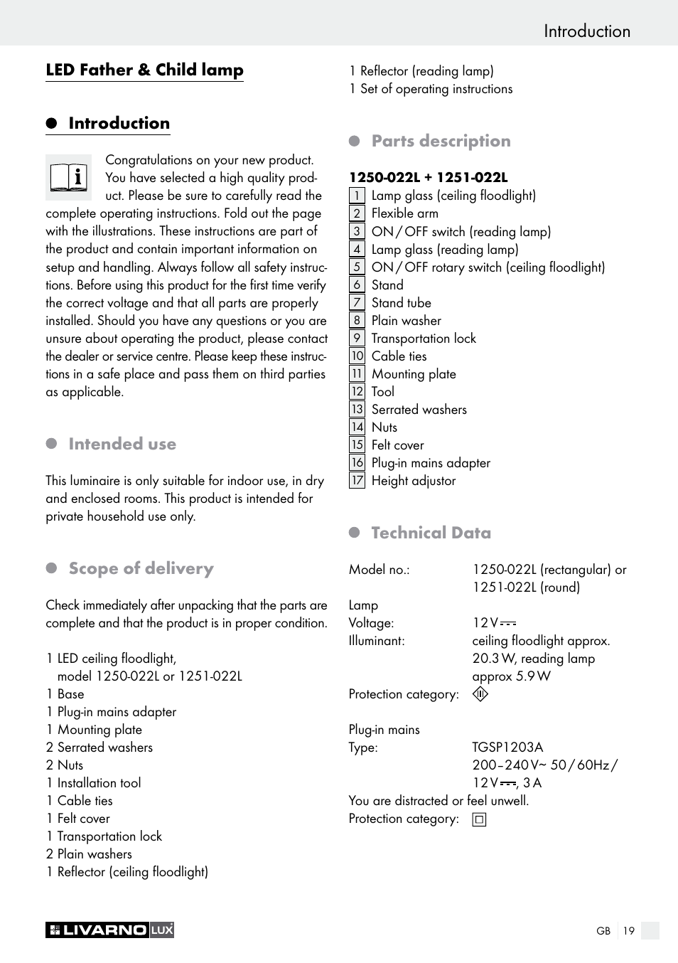 Garanzia e assistenza introduction, Led father & child lamp introduction, Intended use | Scope of delivery, Parts description, Technical data | Livarno 1250-022L User Manual | Page 19 / 23