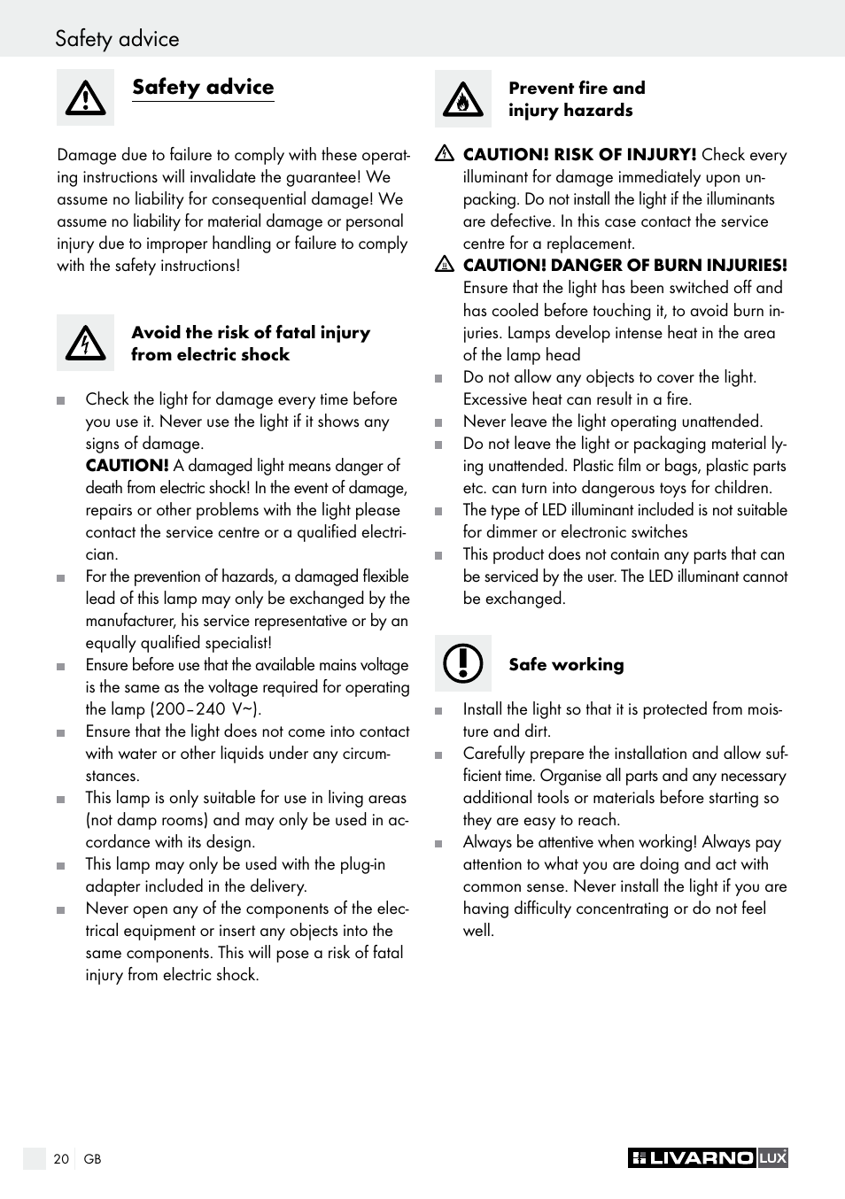 Safety advice, Start-up | Livarno 1250-022L User Manual | Page 20 / 23