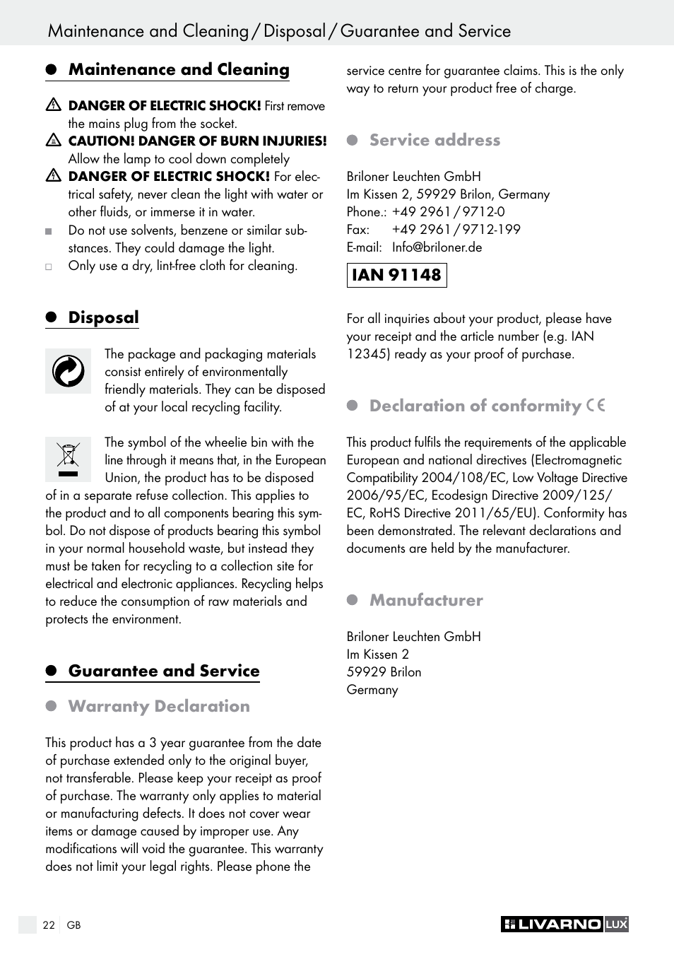 Maintenance and cleaning, Disposal, Guarantee and service warranty declaration | Service address, Declaration of conformity, Manufacturer | Livarno 1250-022L User Manual | Page 22 / 23