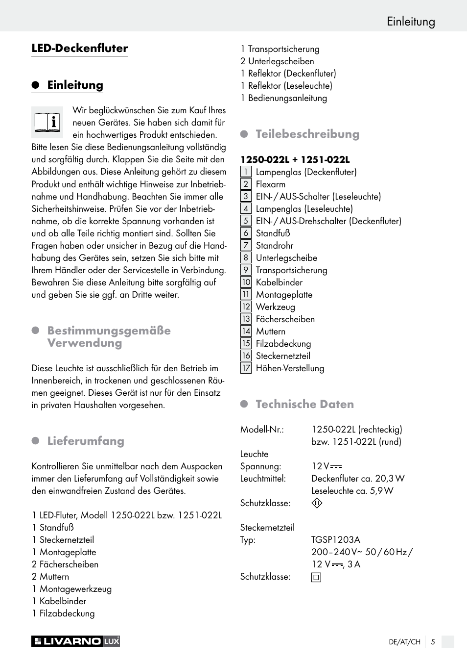 Einleitung, Led-deckenfluter einleitung, Bestimmungsgemäße verwendung | Lieferumfang, Teilebeschreibung, Technische daten | Livarno 1250-022L User Manual | Page 5 / 23