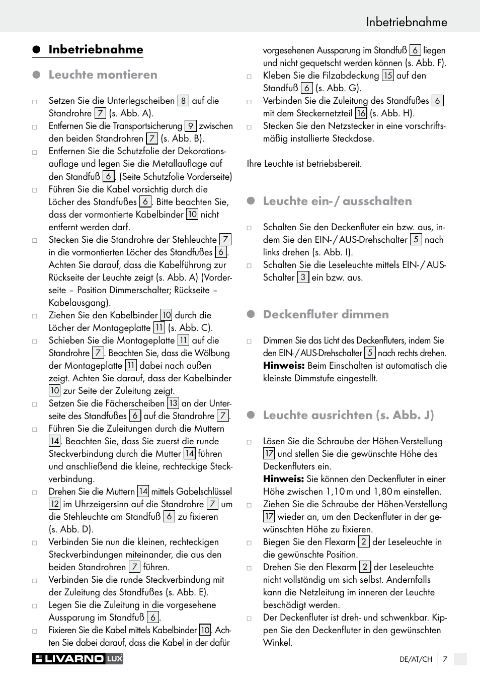 Inbetriebnahme, Sicherheitshinweise, Inbetriebnahme leuchte montieren | Leuchte ein, Ausschalten, Deckenfluter dimmen, Leuchte ausrichten (s. abb. j) | Livarno 1250-022L User Manual | Page 7 / 23