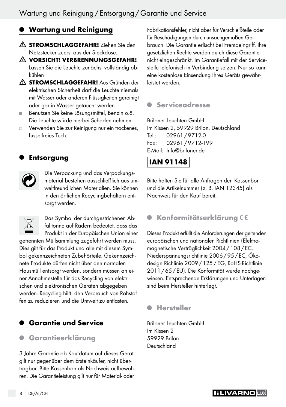 Wartung und reinigung, Entsorgung, Garantie und service garantieerklärung | Serviceadresse, Konformitätserklärung, Hersteller | Livarno 1250-022L User Manual | Page 8 / 23