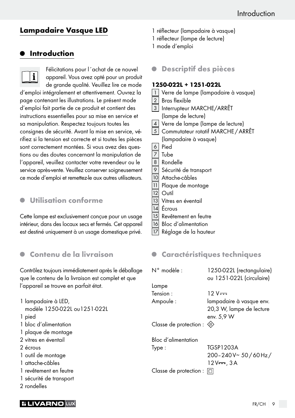 Introduction, Lampadaire vasque led introduction, Utilisation conforme | Contenu de la livraison, Descriptif des pièces, Caractéristiques techniques | Livarno 1250-022L User Manual | Page 9 / 23