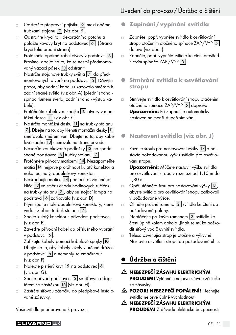 Zapínání / vypínání, Svítidla, Stmívání svítidla k osvětlování stropu | Nastavení svítidla (viz obr. j), Údržba a čištění | Livarno 1250-022L User Manual | Page 11 / 17