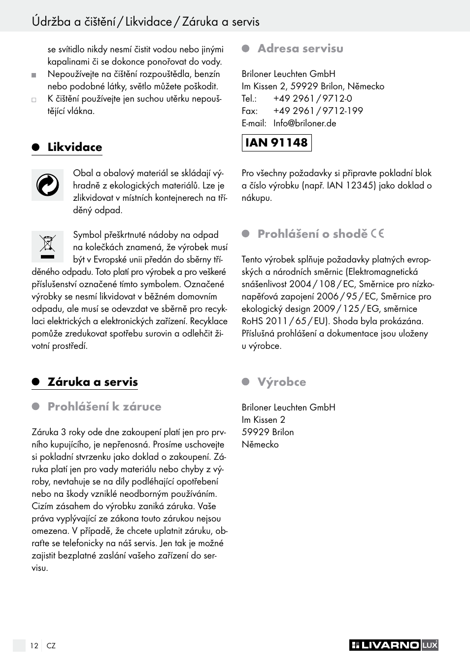 Údržba a čištění / likvidace / záruka a servis, Einleitung | Livarno 1250-022L User Manual | Page 12 / 17