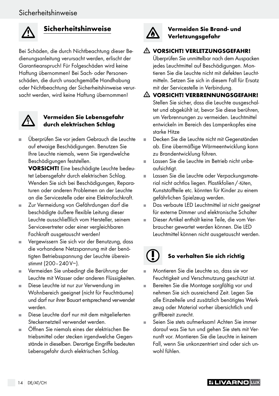 Inbetriebnahme sicherheitshinweise, Sicherheitshinweise | Livarno 1250-022L User Manual | Page 14 / 17