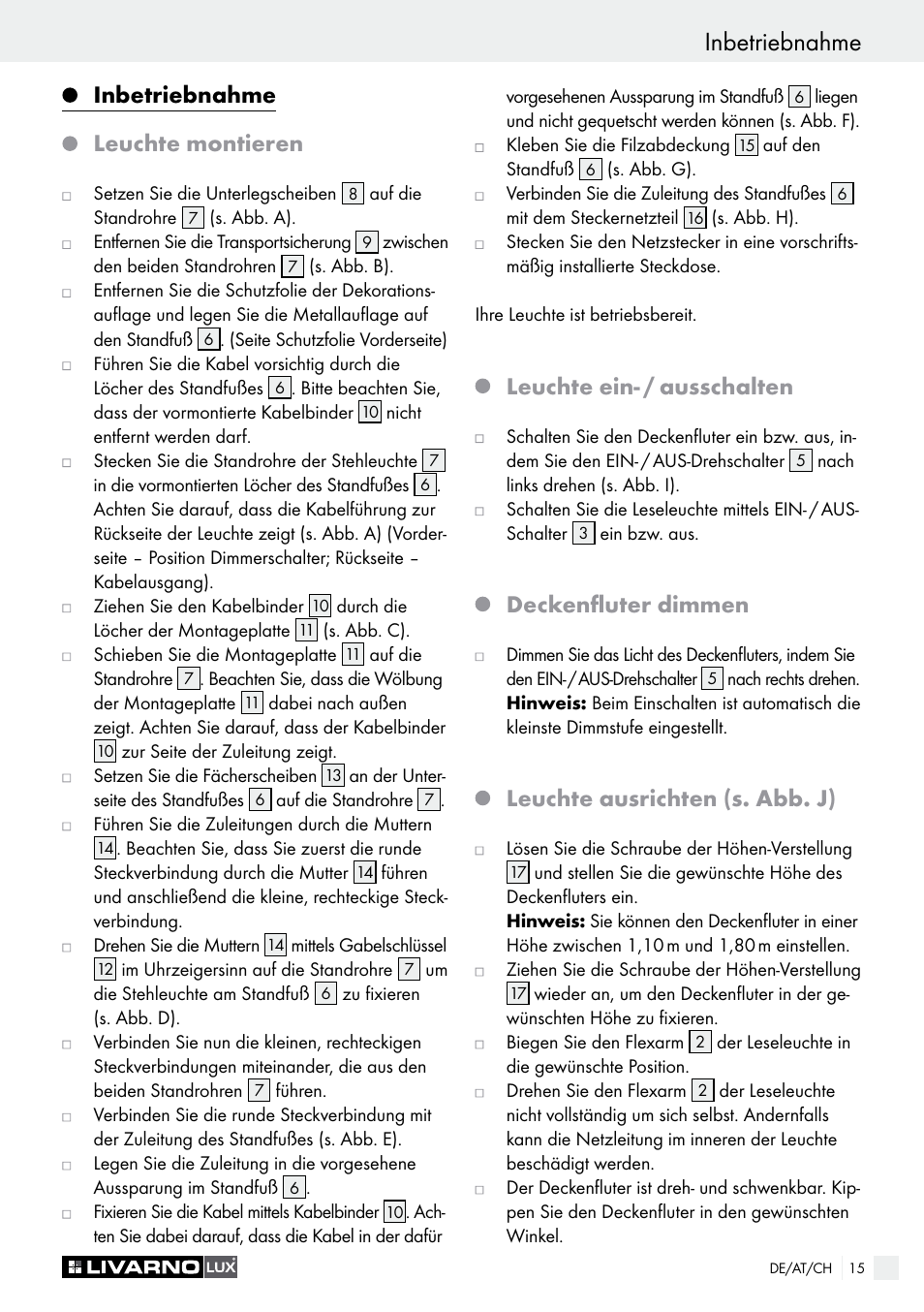 Inbetriebnahme, Sicherheitshinweise, Inbetriebnahme leuchte montieren | Leuchte ein, Ausschalten, Deckenfluter dimmen, Leuchte ausrichten (s. abb. j) | Livarno 1250-022L User Manual | Page 15 / 17