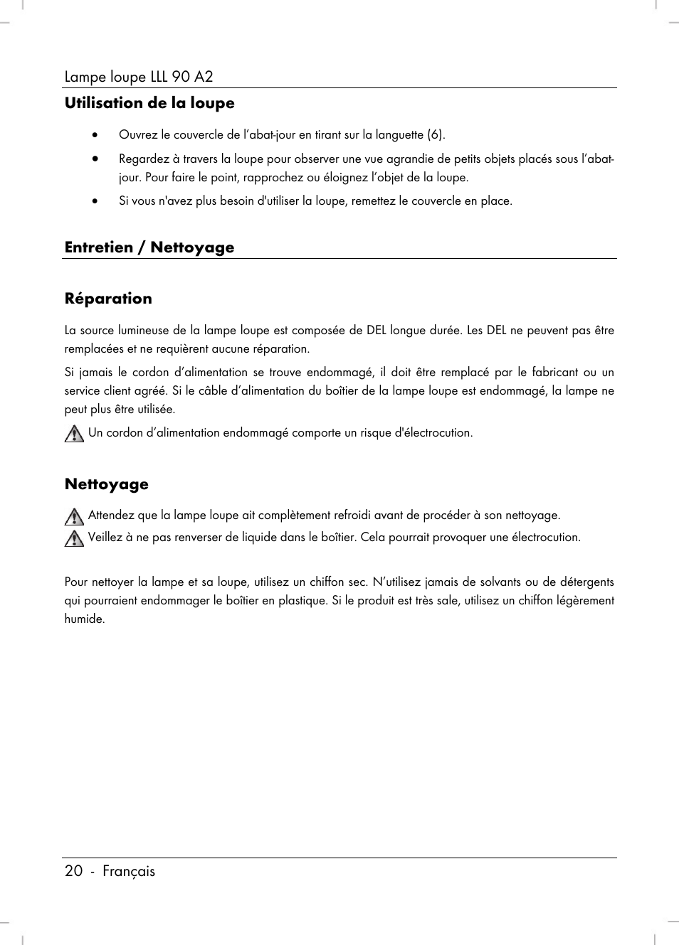 Lampe loupe lll 90 a2, 20 - français utilisation de la loupe, Entretien / nettoyage réparation | Nettoyage | Livarno LLL 90 A2 User Manual | Page 22 / 60