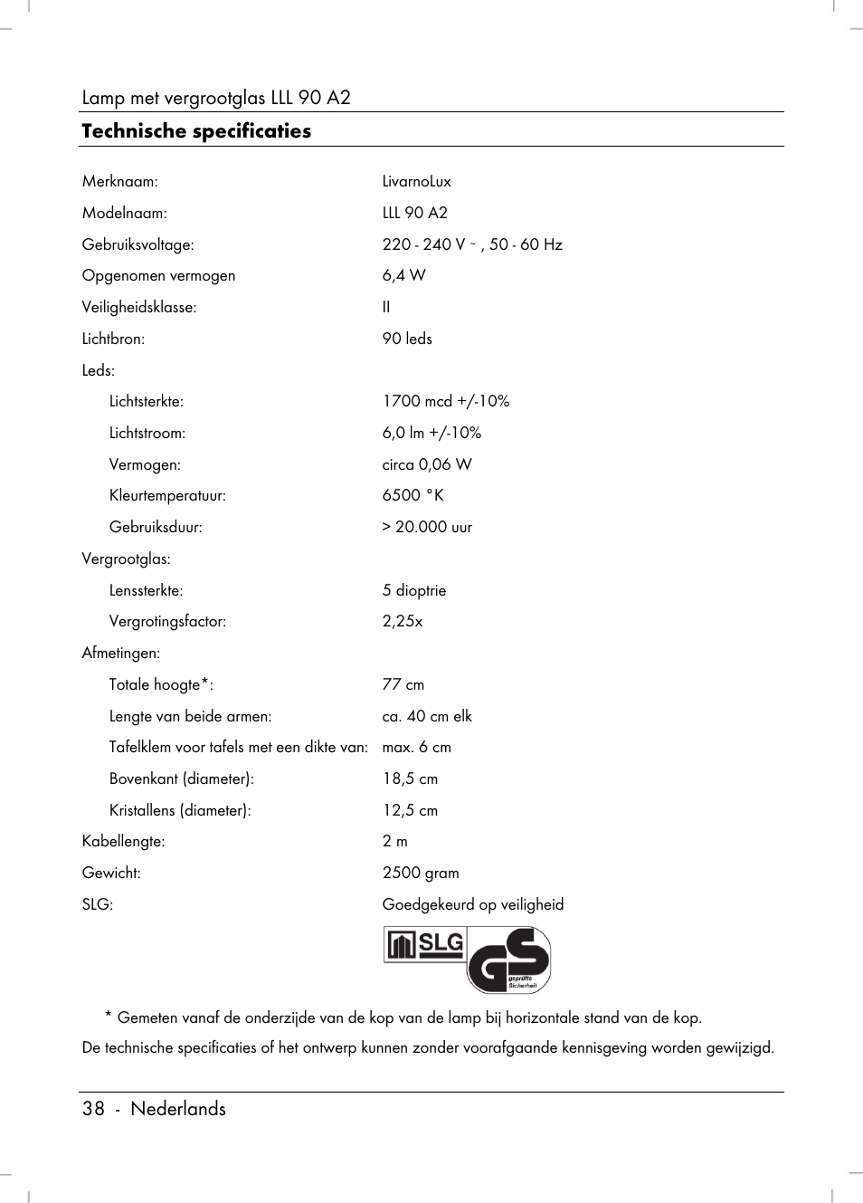 Lamp met vergrootglas lll 90 a2, 38 - nederlands technische specificaties | Livarno LLL 90 A2 User Manual | Page 40 / 60