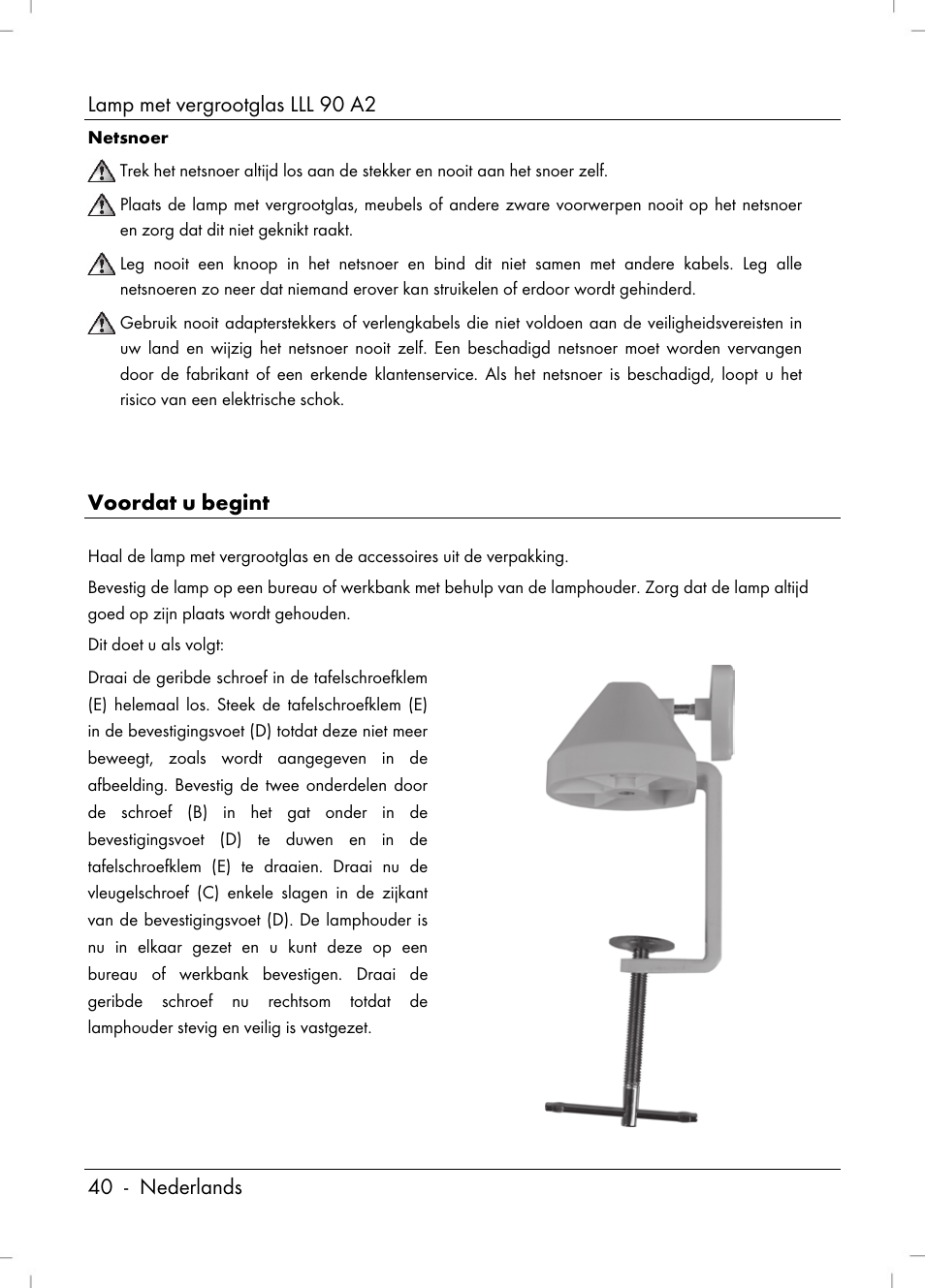 Lamp met vergrootglas lll 90 a2, 40 - nederlands, Voordat u begint | Livarno LLL 90 A2 User Manual | Page 42 / 60