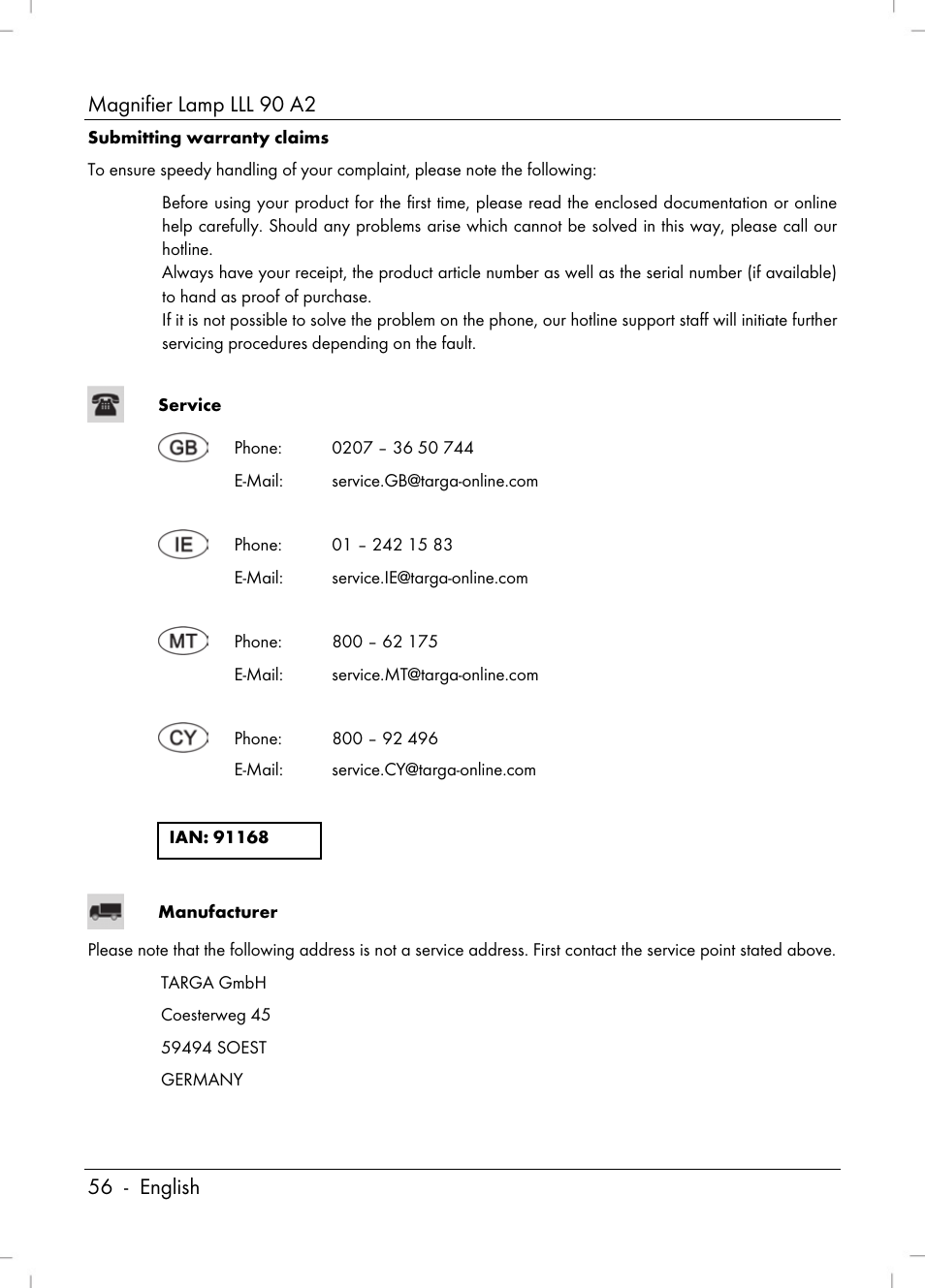 Magnifier lamp lll 90 a2, 56 - english | Livarno LLL 90 A2 User Manual | Page 58 / 60