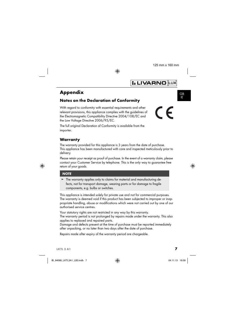 Appendix, Warranty | Livarno LKTL 3 A1 User Manual | Page 10 / 52