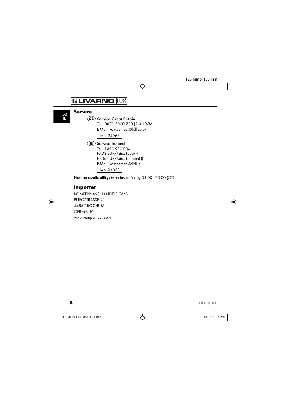 Service, Importer | Livarno LKTL 3 A1 User Manual | Page 11 / 52