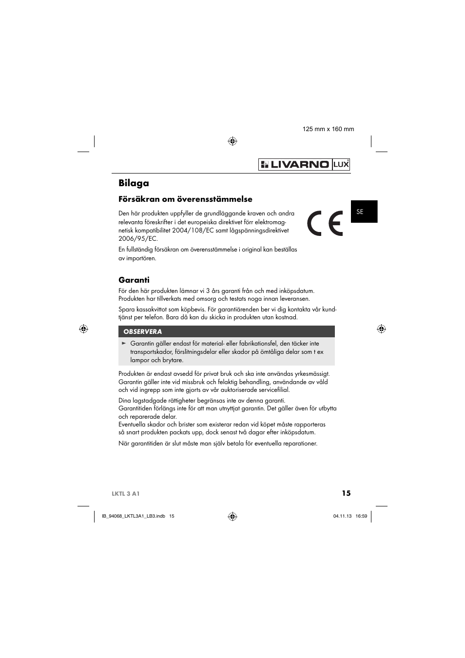 Bilaga, Försäkran om överensstämmelse, Garanti | Livarno LKTL 3 A1 User Manual | Page 18 / 52