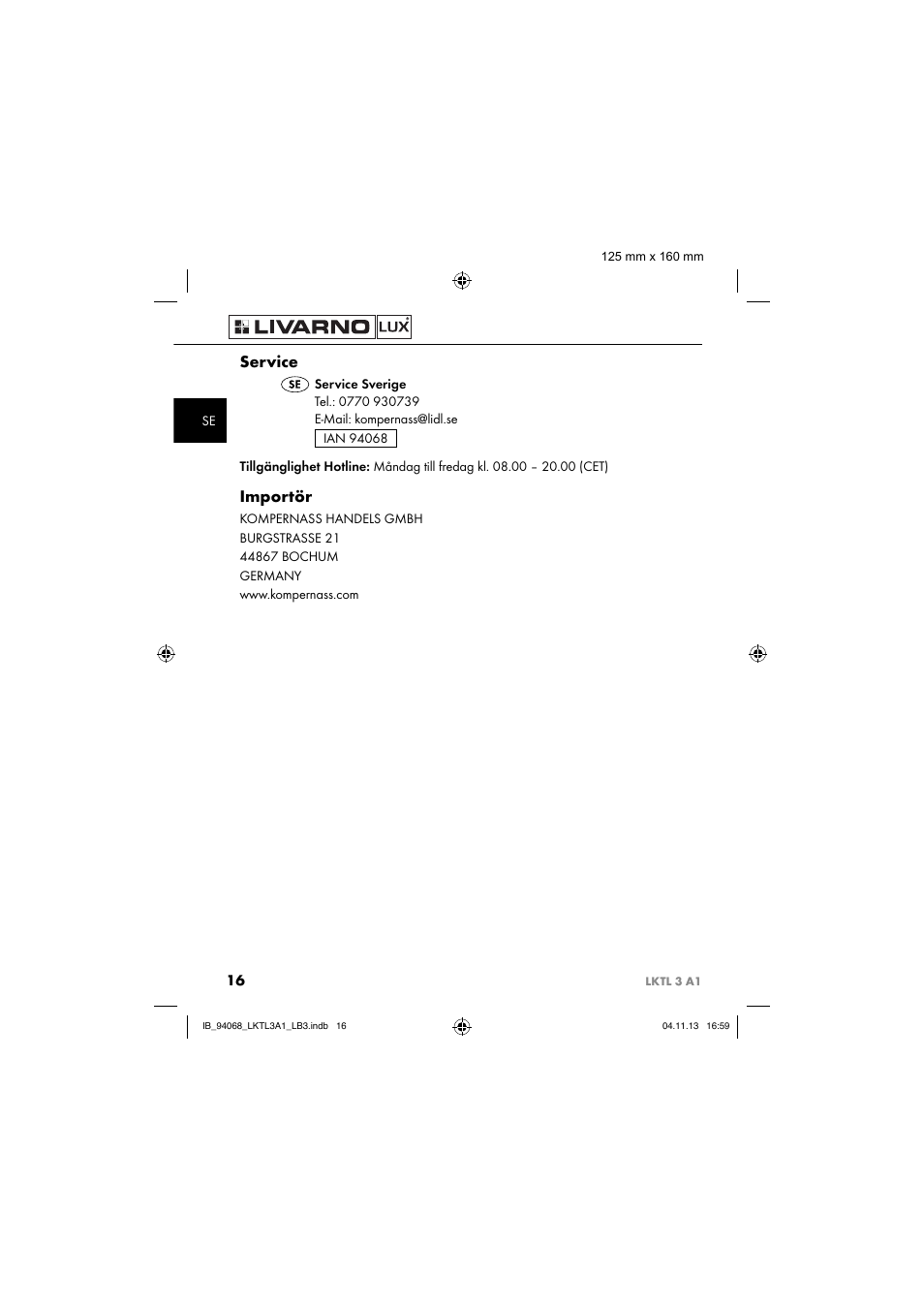 Service, Importör | Livarno LKTL 3 A1 User Manual | Page 19 / 52