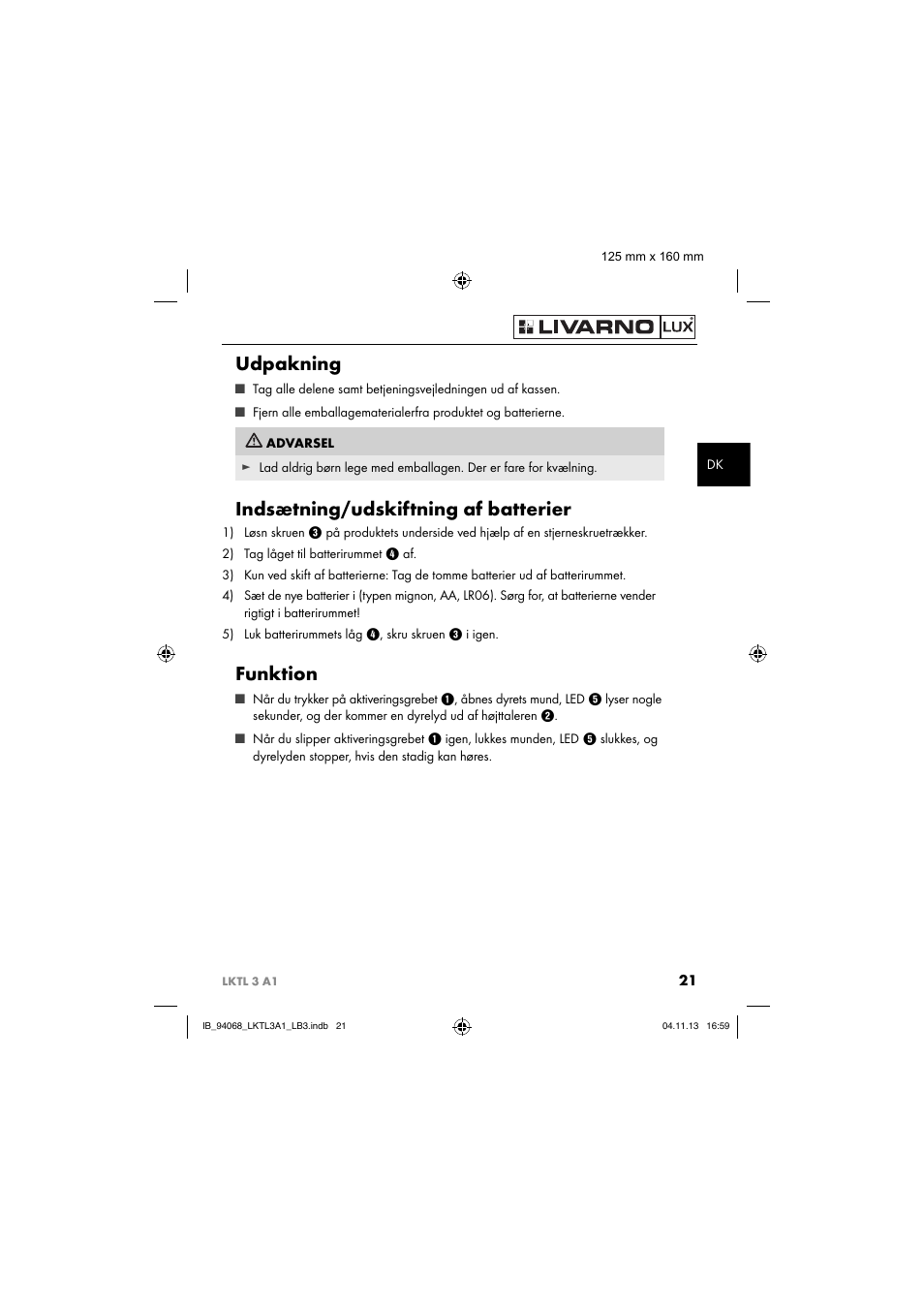 Udpakning, Indsætning/udskiftning af batterier, Funktion | Livarno LKTL 3 A1 User Manual | Page 24 / 52