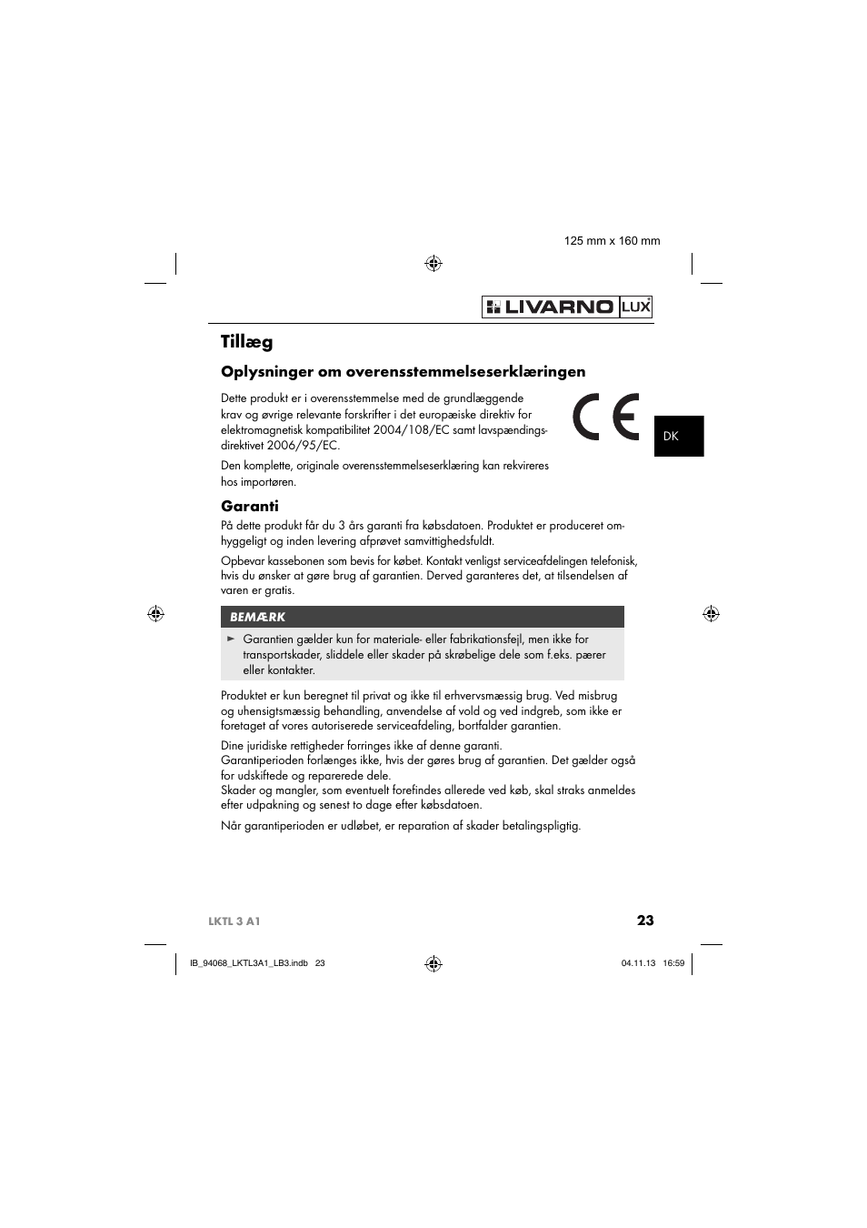 Tillæg, Oplysninger om overensstemmelseserklæringen, Garanti | Livarno LKTL 3 A1 User Manual | Page 26 / 52