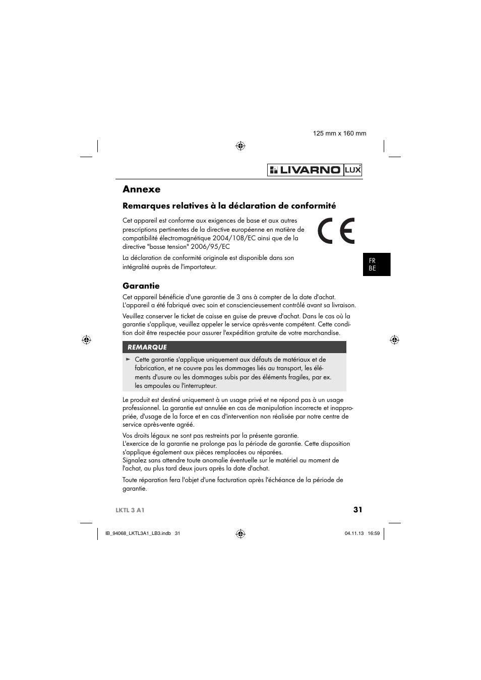 Annexe, Remarques relatives à la déclaration de conformité, Garantie | Livarno LKTL 3 A1 User Manual | Page 34 / 52