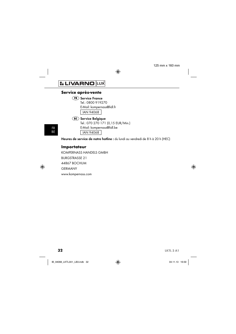 Service après-vente, Importateur | Livarno LKTL 3 A1 User Manual | Page 35 / 52