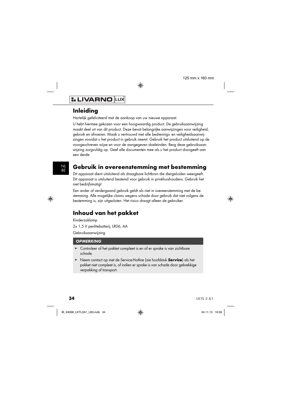 Inleiding, Gebruik in overeenstemming met bestemming, Inhoud van het pakket | Livarno LKTL 3 A1 User Manual | Page 37 / 52