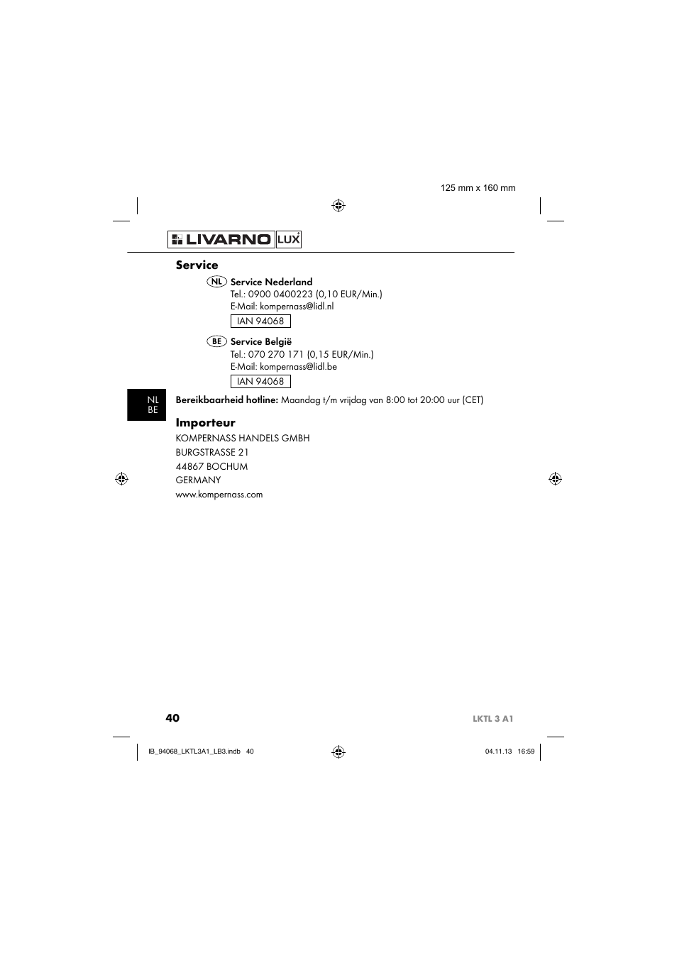 Service, Importeur | Livarno LKTL 3 A1 User Manual | Page 43 / 52