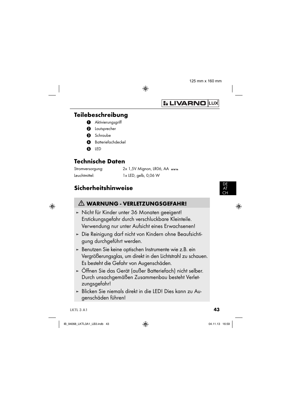 Teilebeschreibung, Technische daten, Sicherheitshinweise | Warnung - verletzungsgefahr | Livarno LKTL 3 A1 User Manual | Page 46 / 52