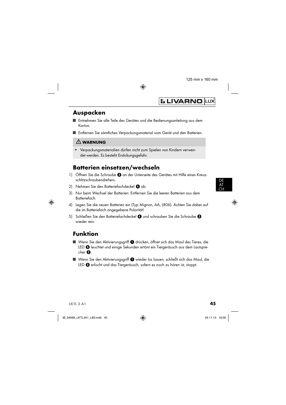 Auspacken, Batterien einsetzen/wechseln, Funktion | Livarno LKTL 3 A1 User Manual | Page 48 / 52