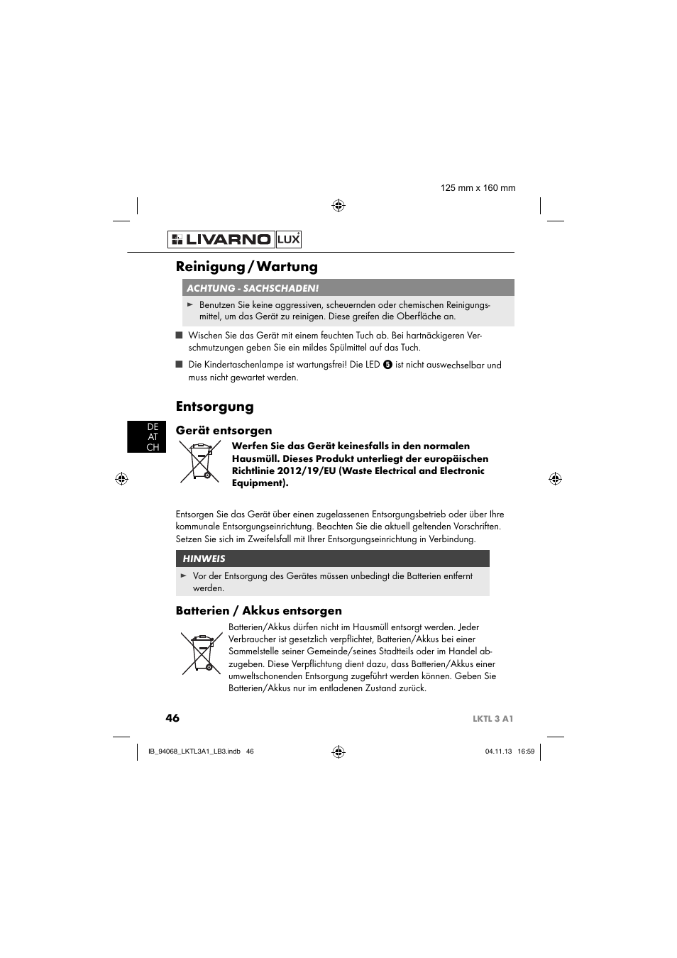 Reinigung / wartung, Entsorgung, Gerät entsorgen | Batterien / akkus entsorgen | Livarno LKTL 3 A1 User Manual | Page 49 / 52