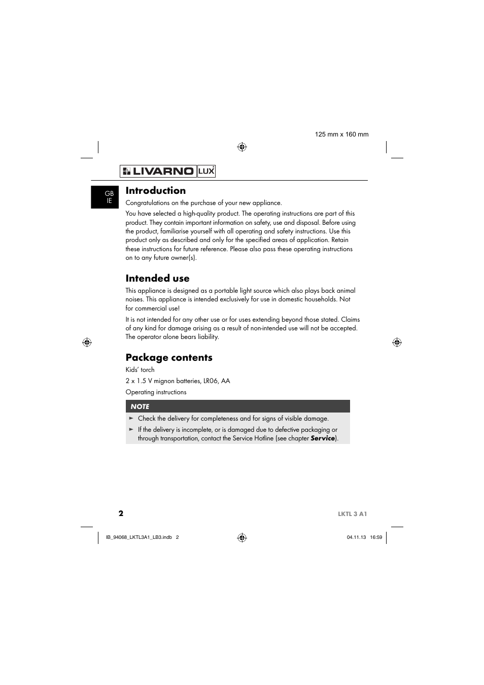 Introduction, Intended use, Package contents | Livarno LKTL 3 A1 User Manual | Page 5 / 52