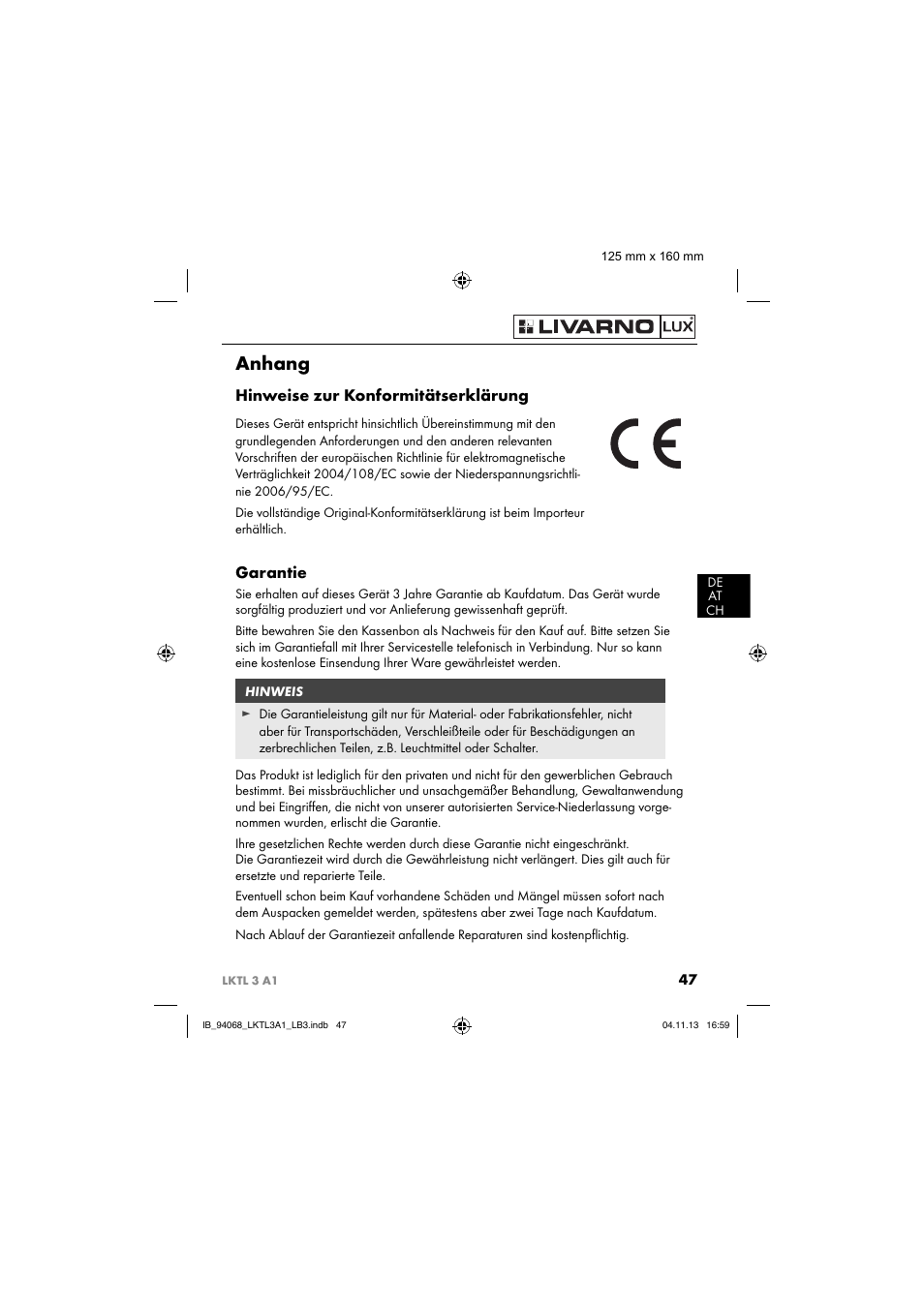 Anhang, Hinweise zur konformitätserklärung, Garantie | Livarno LKTL 3 A1 User Manual | Page 50 / 52