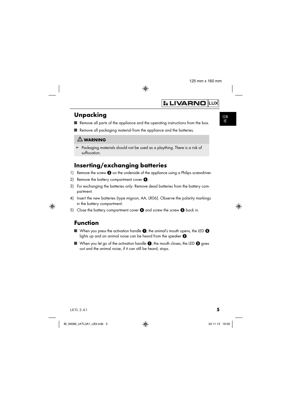 Unpacking, Inserting/exchanging batteries, Function | Livarno LKTL 3 A1 User Manual | Page 8 / 52