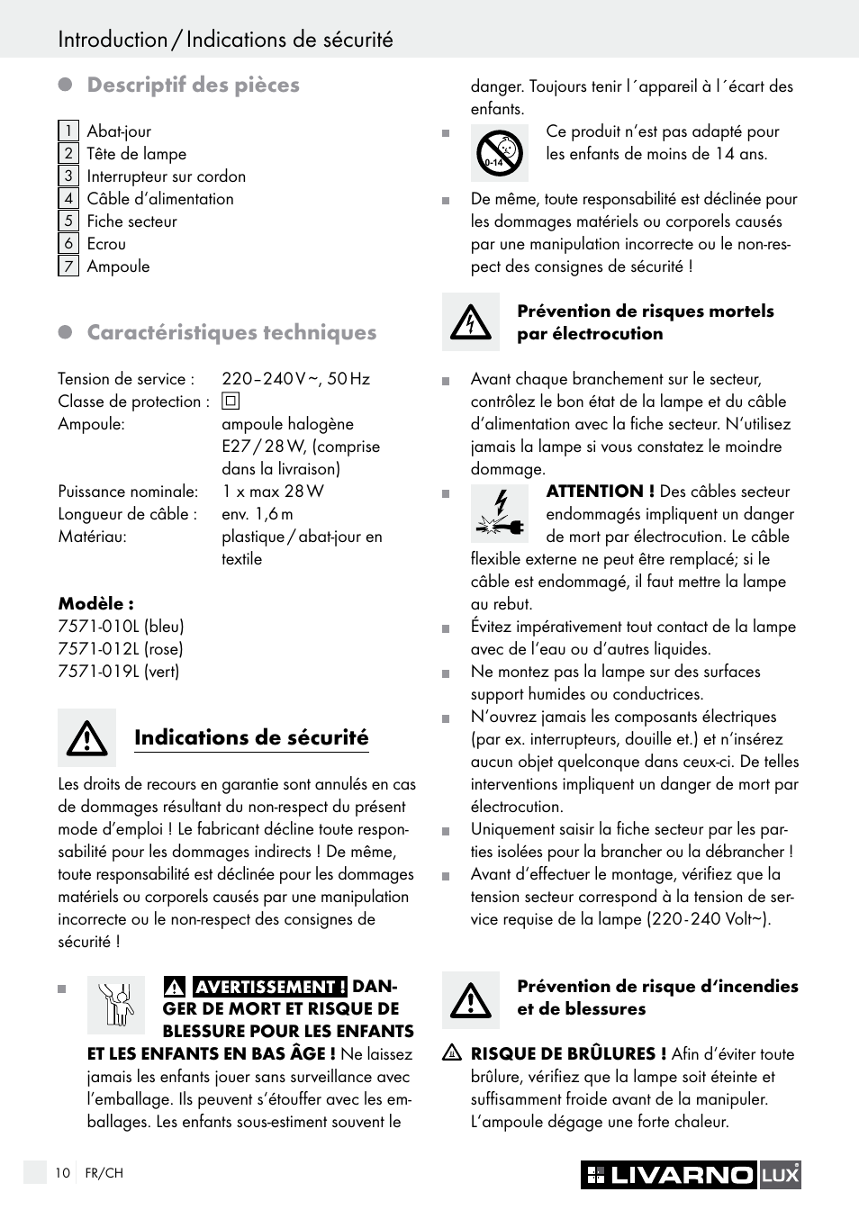 Introduction / indications de sécurité, Descriptif des pièces, Caractéristiques techniques | Indications de sécurité | Livarno 7571-01хL-BS User Manual | Page 10 / 22
