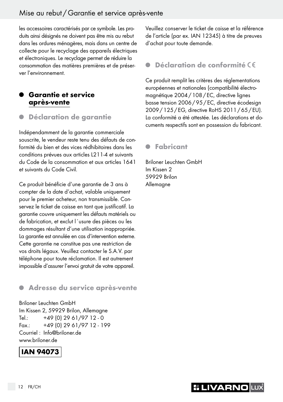 Mise au rebut / garantie et service après-vente | Livarno 7571-01хL-BS User Manual | Page 12 / 22