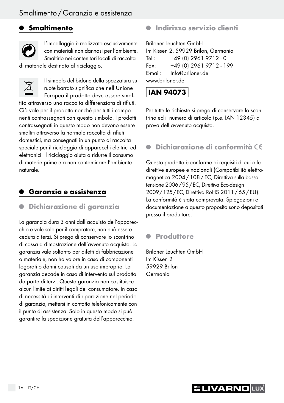 Smaltimento / garanzia e assistenza | Livarno 7571-01хL-BS User Manual | Page 16 / 22