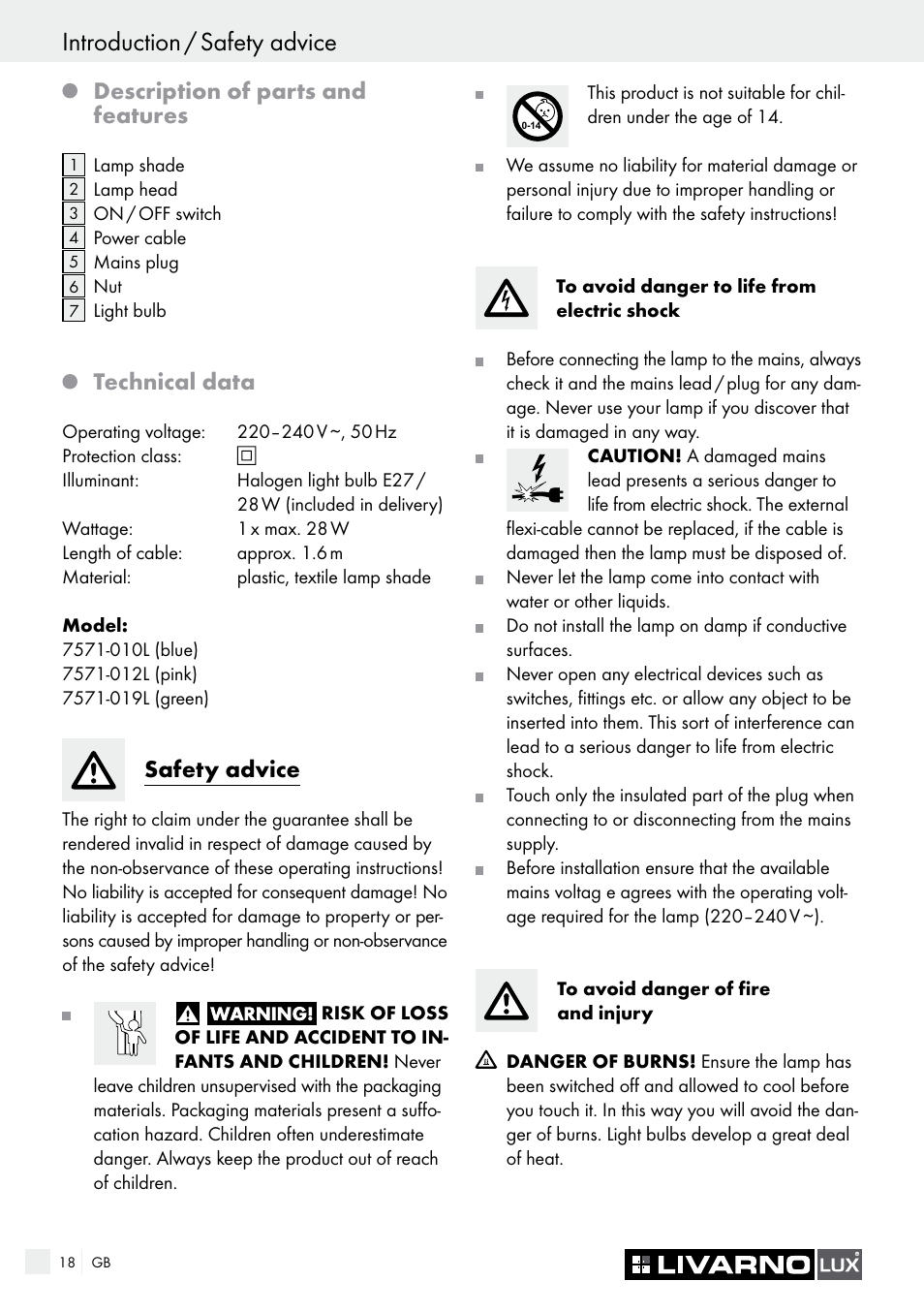 Introduction / safety advice, Description of parts and features, Technical data | Safety advice | Livarno 7571-01хL-BS User Manual | Page 18 / 22