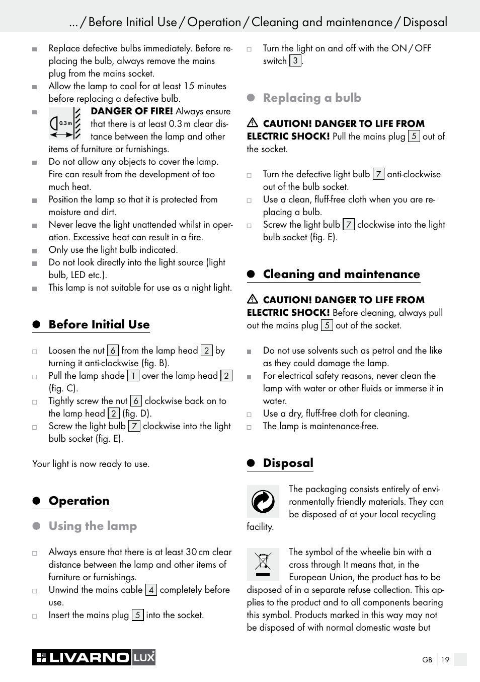 Before initial use, Operation using the lamp, Replacing a bulb | Cleaning and maintenance, Disposal | Livarno 7571-01хL-BS User Manual | Page 19 / 22