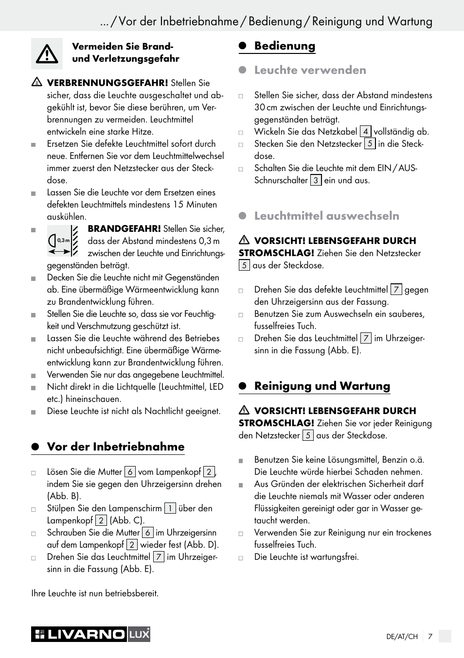 Vor der inbetriebnahme, Bedienung leuchte verwenden, Leuchtmittel auswechseln | Reinigung und wartung | Livarno 7571-01хL-BS User Manual | Page 7 / 22