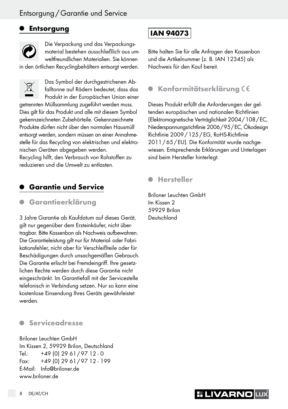 Entsorgung / garantie und service | Livarno 7571-01хL-BS User Manual | Page 8 / 22