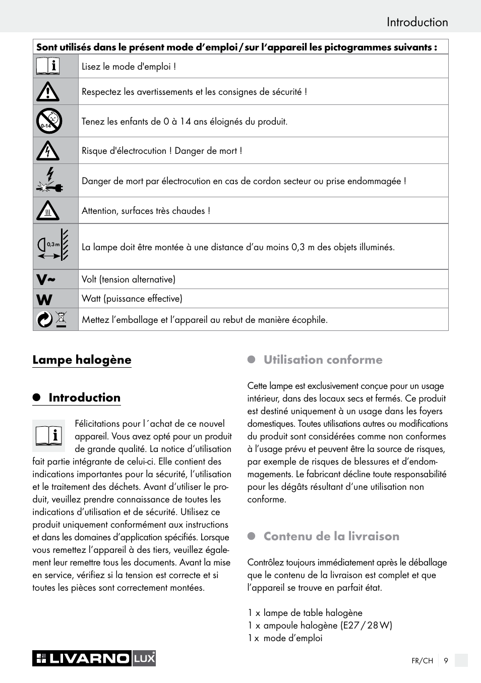 Introduction, Lampe halogène introduction, Utilisation conforme | Contenu de la livraison | Livarno 7571-01хL-BS User Manual | Page 9 / 22