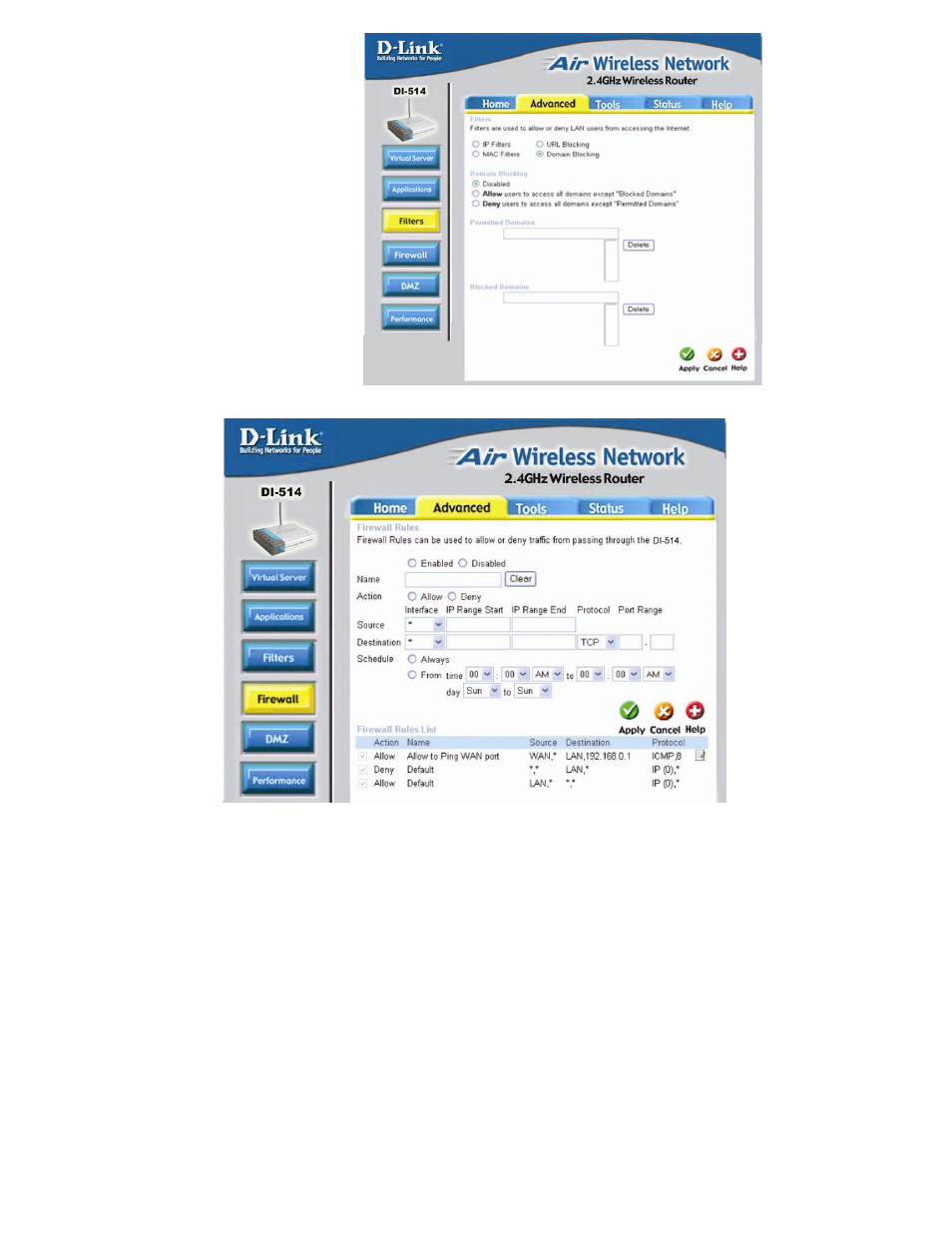 Advanced > firewall | D-Link DI-514 User Manual | Page 26 / 62
