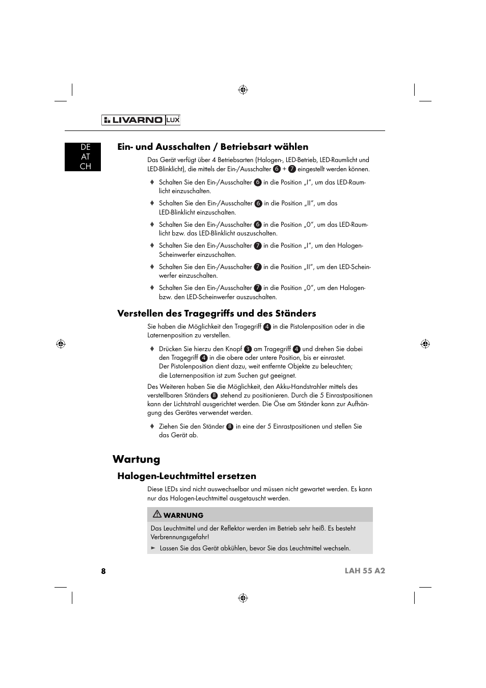 Wartung, Ein- und ausschalten / betriebsart wählen, Verstellen des tragegriﬀ s und des ständers | Halogen-leuchtmittel ersetzen, De at ch | Livarno LAH 55 A2 User Manual | Page 11 / 73