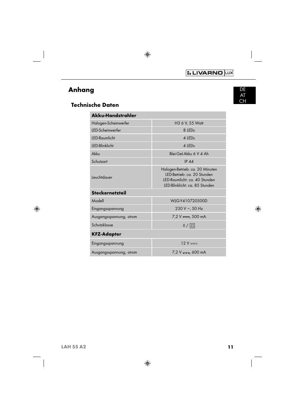 Anhang, Technische daten, De at ch | Livarno LAH 55 A2 User Manual | Page 14 / 73