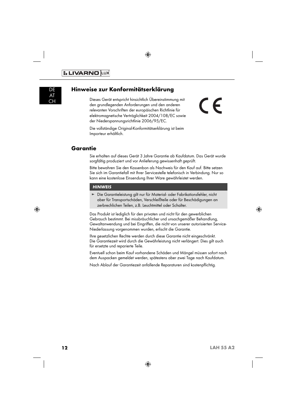 Hinweise zur konformitätserklärung, Garantie, De at ch | Livarno LAH 55 A2 User Manual | Page 15 / 73