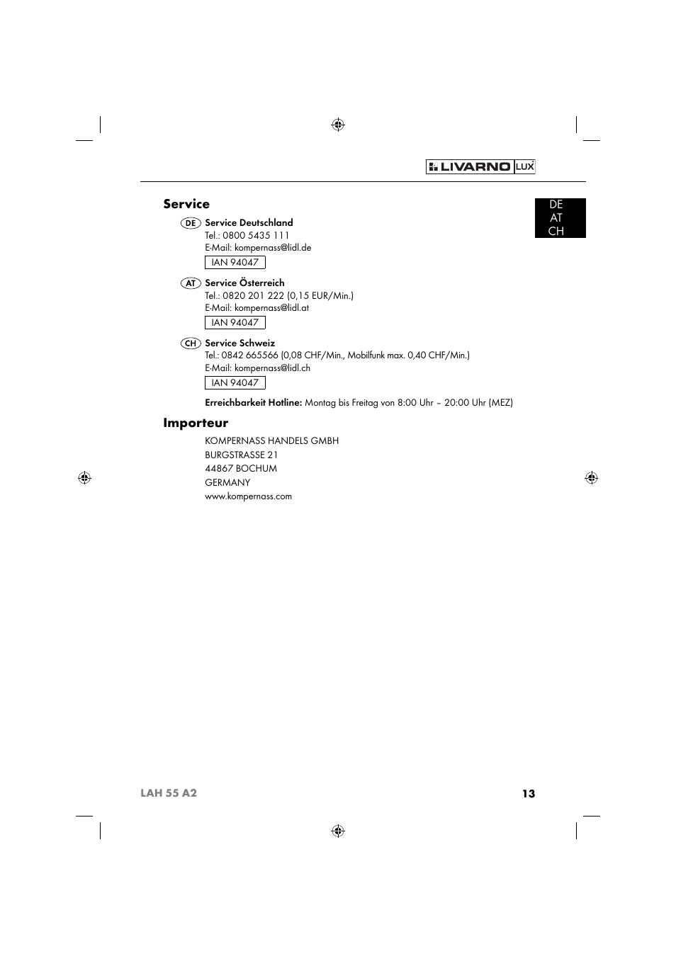 Service, Importeur, De at ch | Livarno LAH 55 A2 User Manual | Page 16 / 73