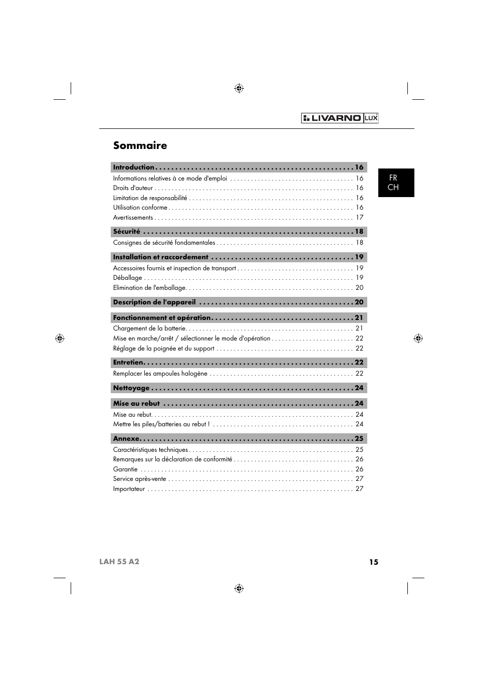 Sommaire, Fr ch | Livarno LAH 55 A2 User Manual | Page 18 / 73