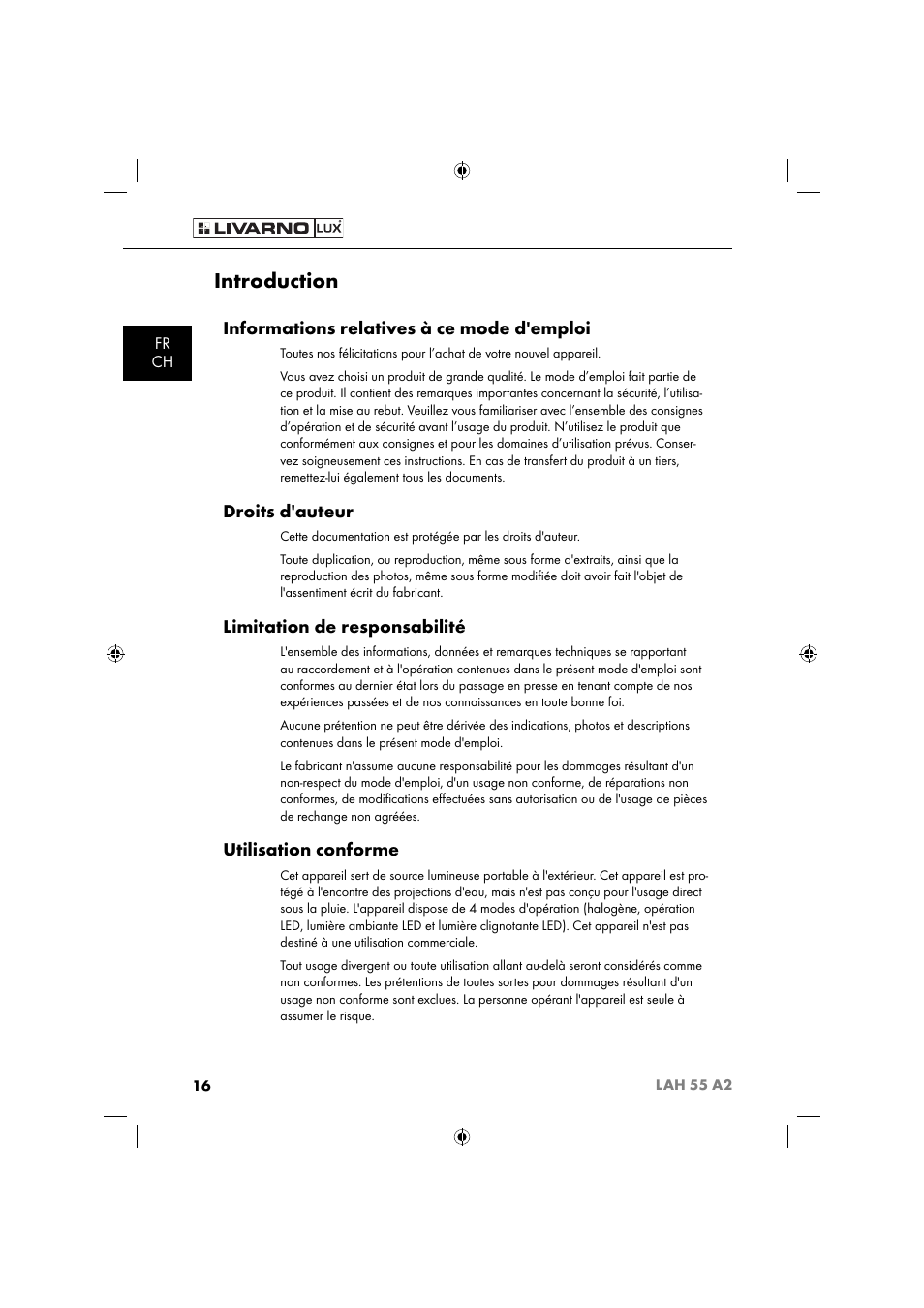 Introduction, Informations relatives à ce mode d'emploi, Droits d'auteur | Limitation de responsabilité, Utilisation conforme, Fr ch | Livarno LAH 55 A2 User Manual | Page 19 / 73