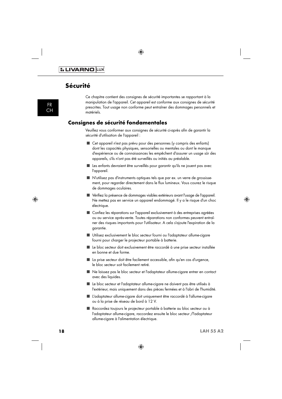 Sécurité, Consignes de sécurité fondamentales, Fr ch | Livarno LAH 55 A2 User Manual | Page 21 / 73