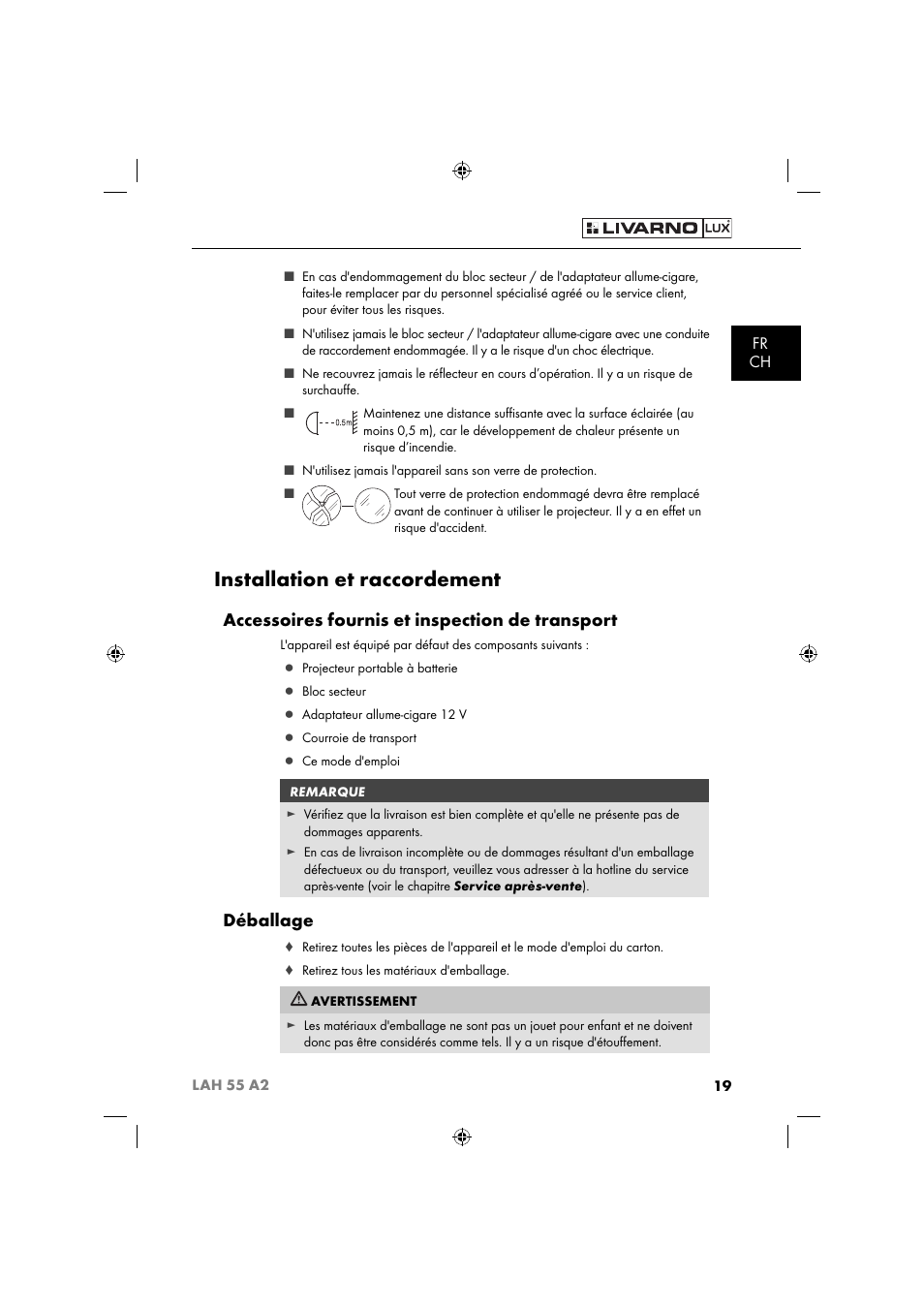 Installation et raccordement, Accessoires fournis et inspection de transport, Déballage | Fr ch | Livarno LAH 55 A2 User Manual | Page 22 / 73