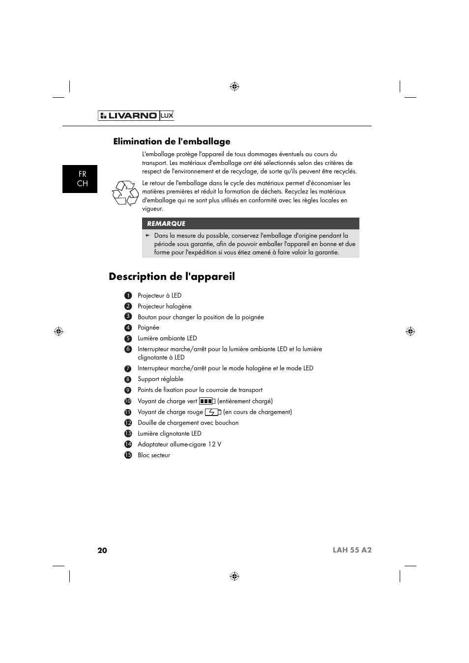 Description de l'appareil, Elimination de l'emballage, Fr ch | Livarno LAH 55 A2 User Manual | Page 23 / 73